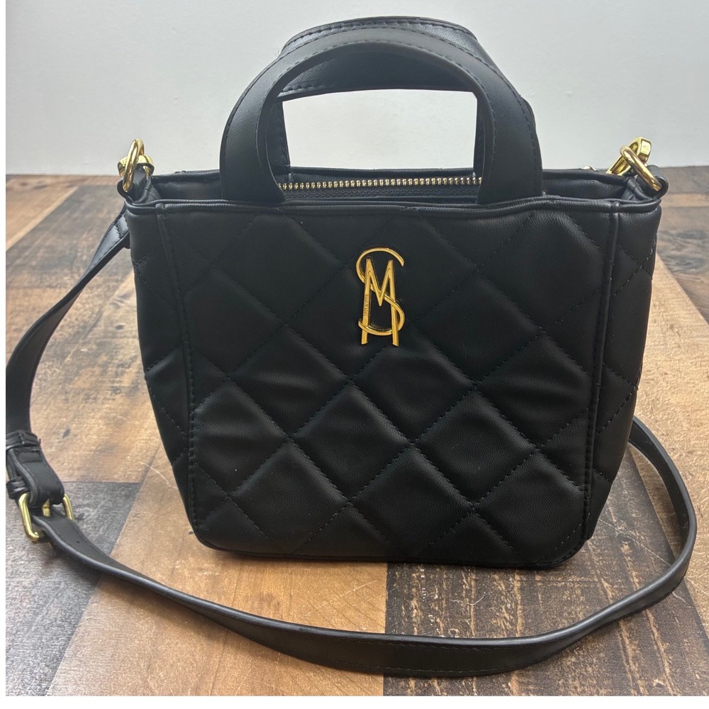 Steve Madden Quilted Crossbody Bag Women Small Black Gold SM Logo Handbag